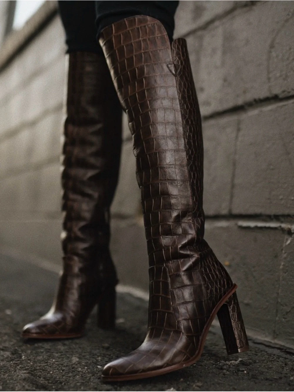 Vince Camuto Dark Brown Croc-Embossed Over-the-Knee Block Heel Boots